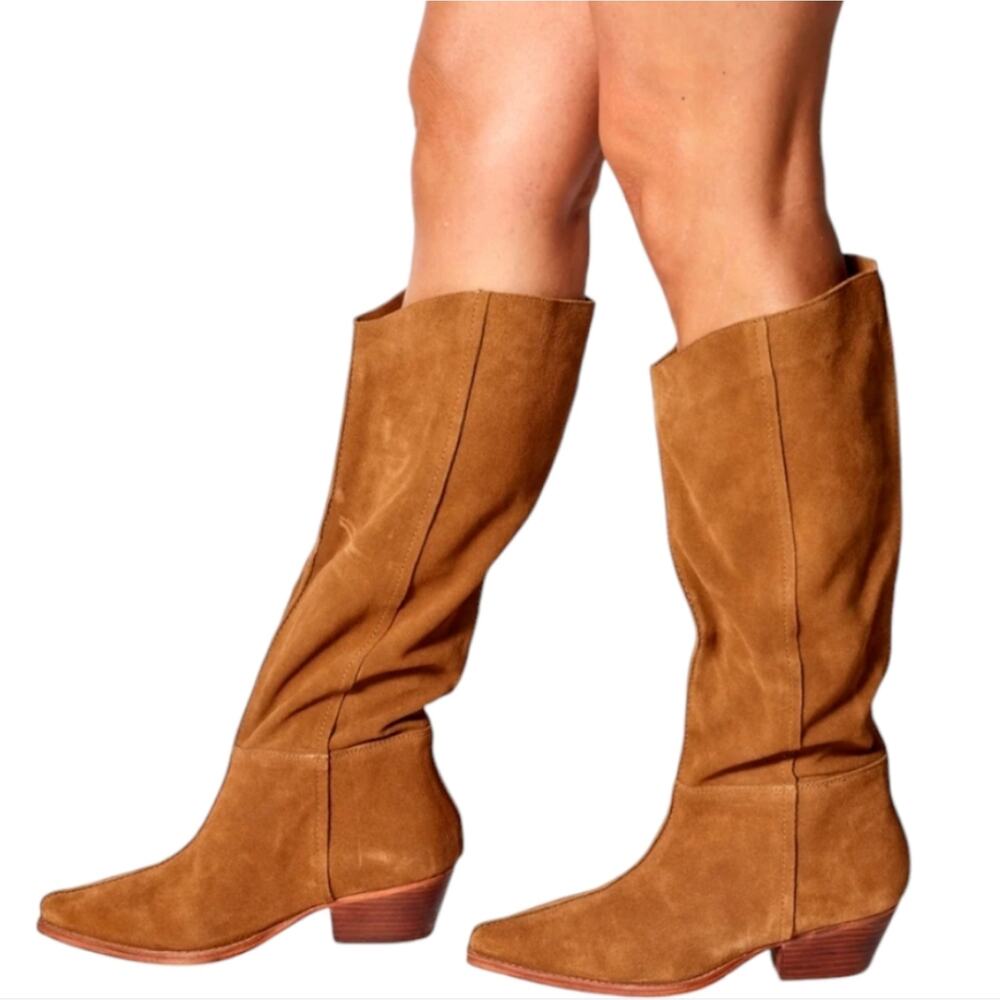 Free People Sway Low Slouch Boots Tan pointed Toe Stacked Heel Size 36.5 6 41 US